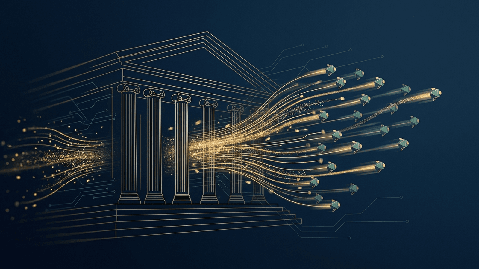 Editorial illustration of a neoclassical bank facade drawn in fine gold line art on a deep navy background, with glowing gold particle streams rushing through its columns and fanning out into a synchronised swarm of teal arrow-like shapes, suggesting AI agents moving money at machine speed. Faint circuit traces run behind the building.
