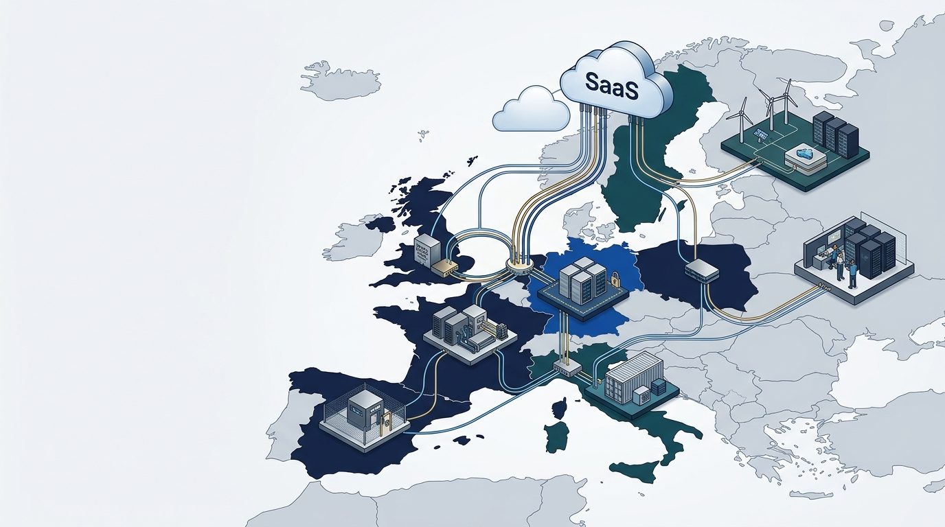 Isometric illustration of SaaS cloud infrastructure spanning Europe with data centres and connectivity lines