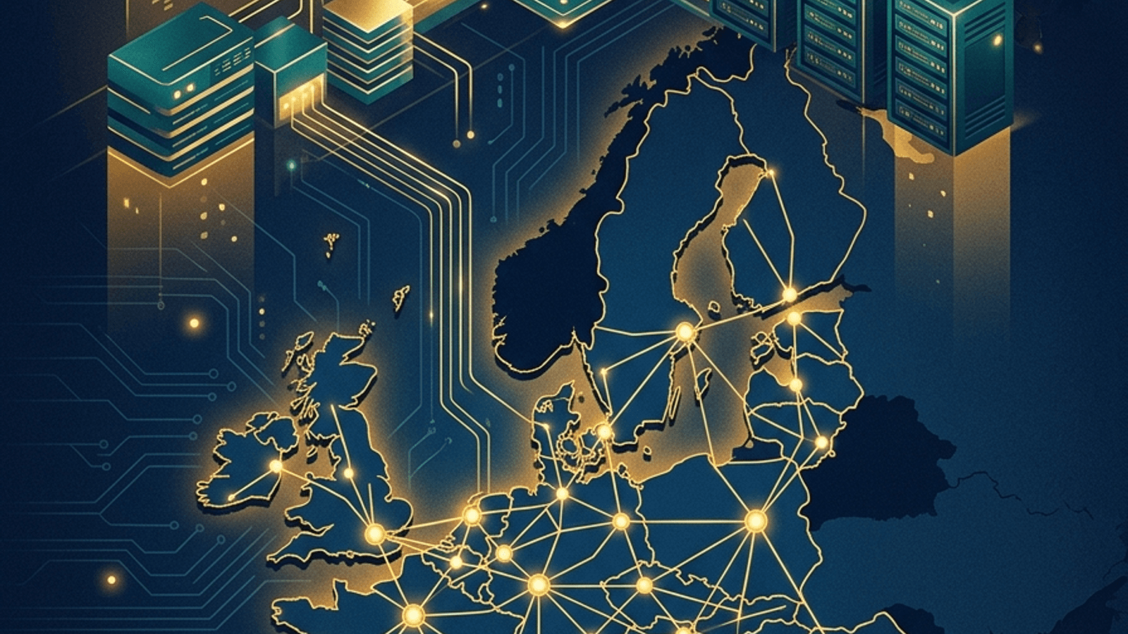 Editorial illustration of a stylized map of Europe in deep Atlantic Navy blue, with a network of glowing gold connection lines and nodes representing cloud data centres across the continent, and abstract layered cloud computing symbols and server racks in teal and gold above the map. Deep navy background with warm gold and teal accents.