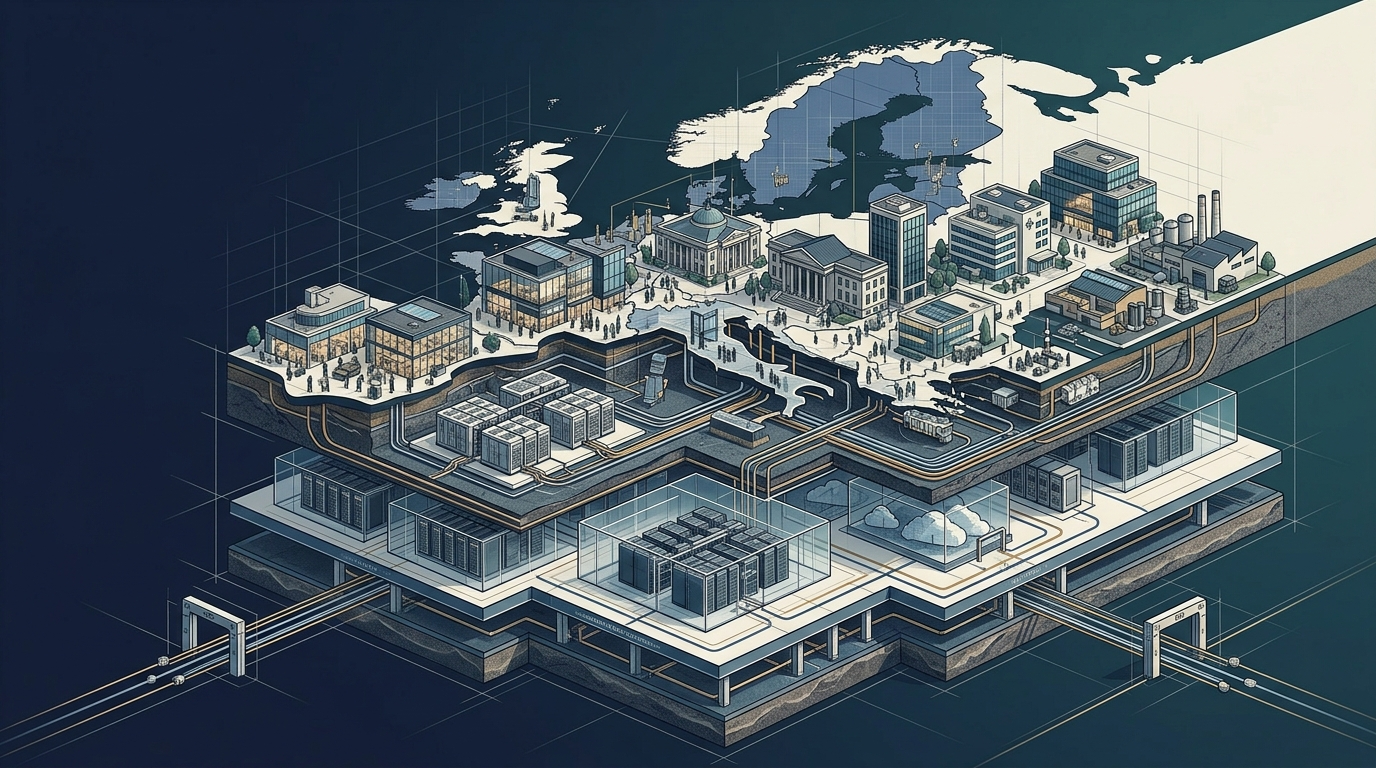 Isometric conceptual illustration of layered European digital infrastructure: a stylized map of Europe on the surface with a city skyline of modern office buildings, a classical domed government building, and an industrial plant, above a cross-section of subterranean data centres with server racks, connecting conduits, and cloud computing symbols. Deep blue and teal palette with warm off-white highlights.