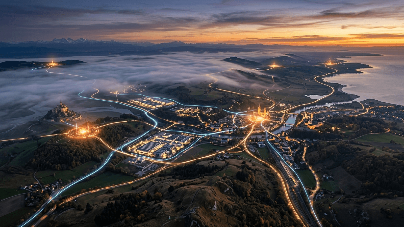 Cinematic illustration of a European town at dusk with glowing data-network light trails, representing the SEAL framework and European cloud sovereignty