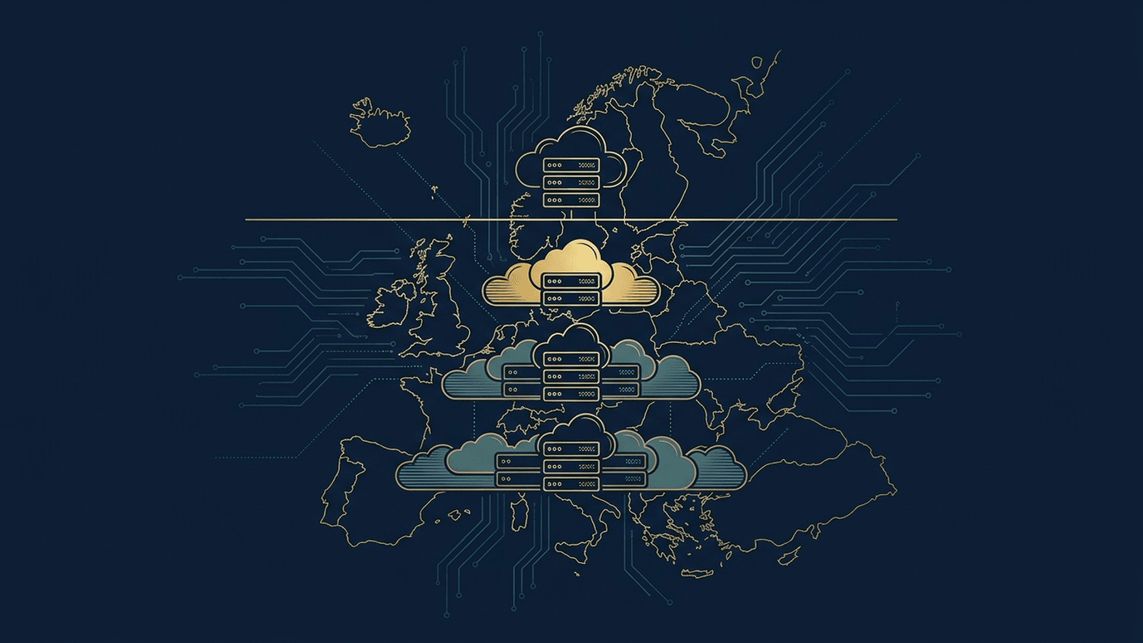Editorial illustration of a map outline of Europe drawn in fine gold line art on a deep navy background, layered with tiered, stacked cloud and server forms in gold and teal. A thin gold dividing line separates a small top tier from the larger tiers beneath it, and faint teal circuit traces run behind the map.